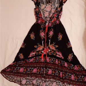 Black Maxi Dress with Colorful Peacock & Floral Print
